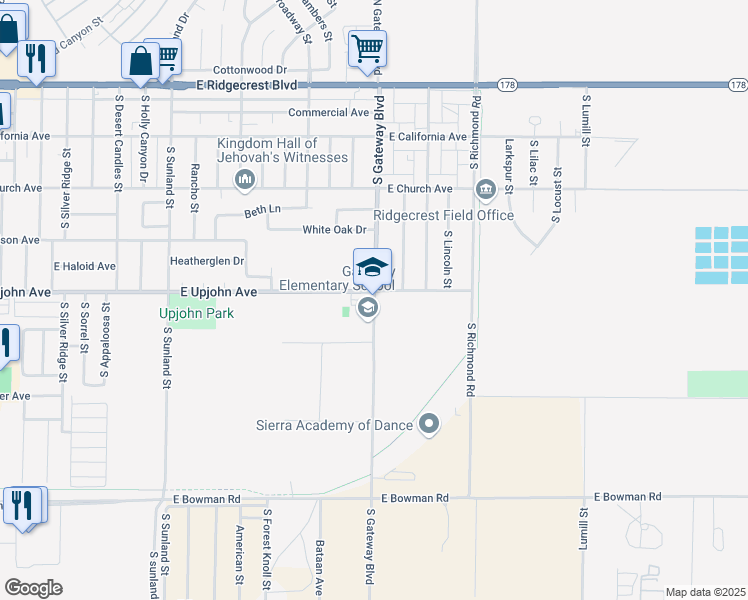 map of restaurants, bars, coffee shops, grocery stores, and more near 501 South Gateway Boulevard in Ridgecrest