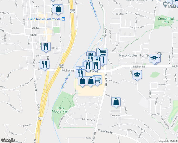 map of restaurants, bars, coffee shops, grocery stores, and more near 114 Niblick Road in Paso Robles
