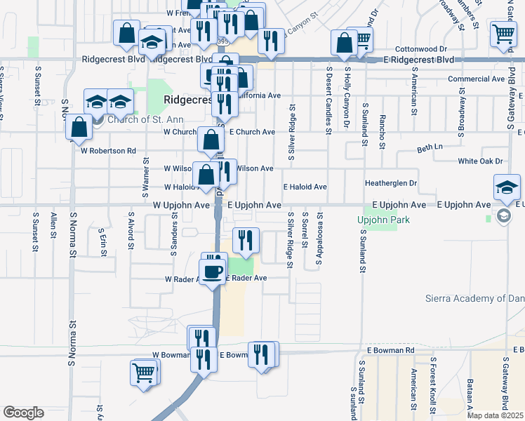 map of restaurants, bars, coffee shops, grocery stores, and more near 177 East Upjohn Avenue in Ridgecrest