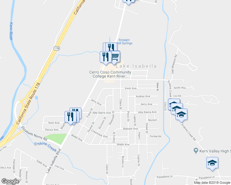 map of restaurants, bars, coffee shops, grocery stores, and more near 2908 Steensen Street in Lake Isabella