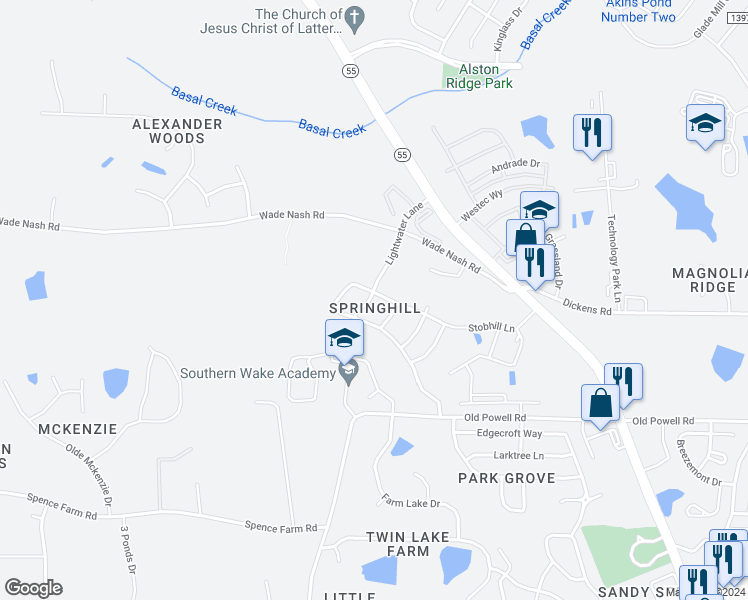 map of restaurants, bars, coffee shops, grocery stores, and more near 295 Stobhill Lane in Holly Springs