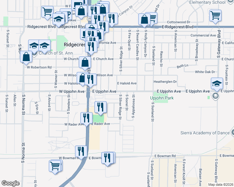 map of restaurants, bars, coffee shops, grocery stores, and more near 291 East Upjohn Avenue in Ridgecrest