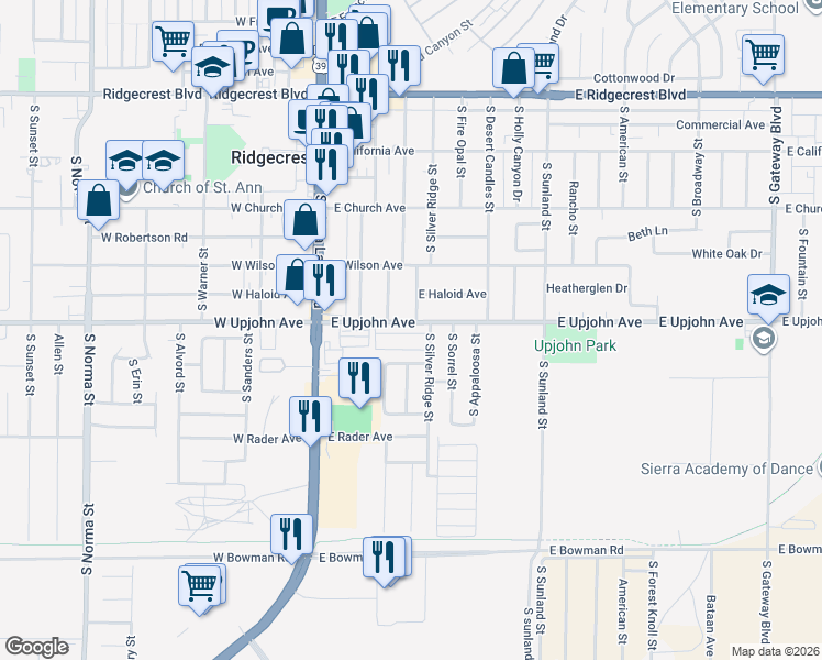 map of restaurants, bars, coffee shops, grocery stores, and more near 291 East Upjohn Avenue in Ridgecrest