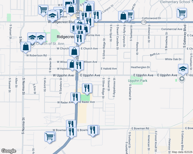 map of restaurants, bars, coffee shops, grocery stores, and more near 177 East Upjohn Avenue in Ridgecrest