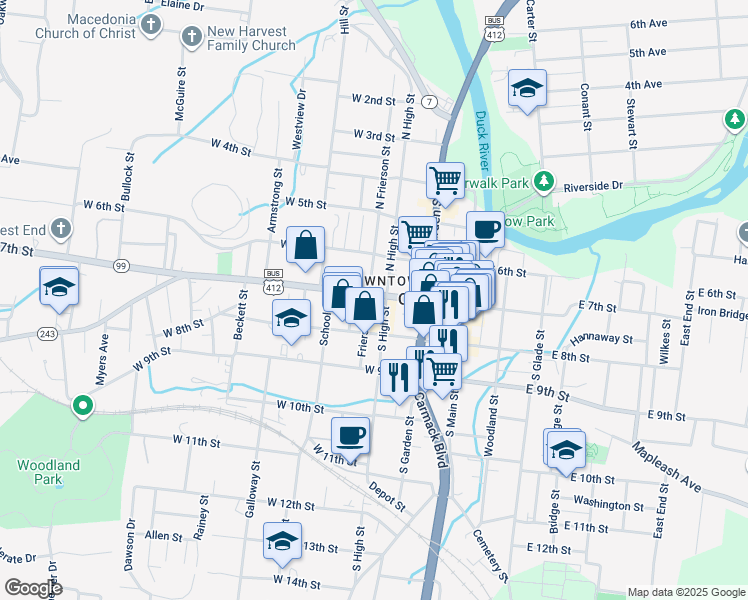 map of restaurants, bars, coffee shops, grocery stores, and more near 305 West 7th Street in Columbia