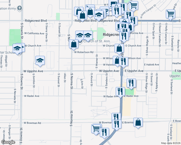 map of restaurants, bars, coffee shops, grocery stores, and more near 519 South Warner Street in Ridgecrest