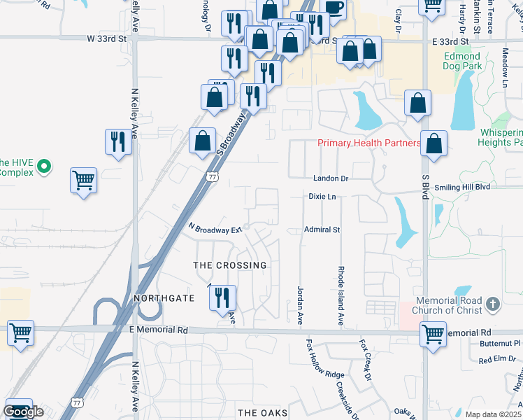 map of restaurants, bars, coffee shops, grocery stores, and more near 14144 Crossing Way East in Edmond