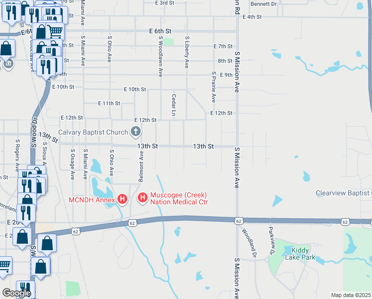 map of restaurants, bars, coffee shops, grocery stores, and more near 912 South Liberty Avenue in Okmulgee