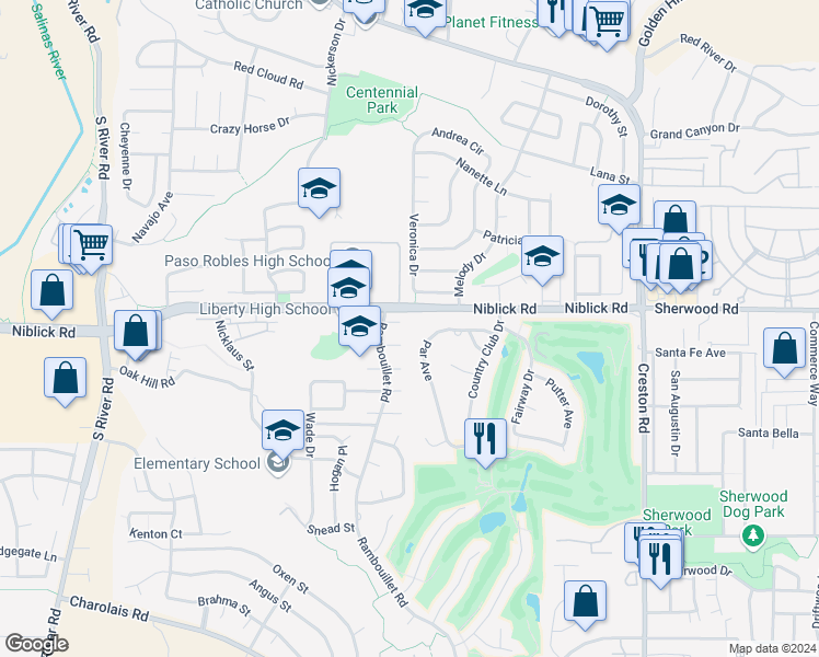 map of restaurants, bars, coffee shops, grocery stores, and more near 940 Austin Court in Paso Robles