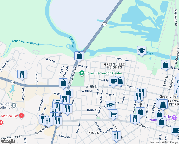 map of restaurants, bars, coffee shops, grocery stores, and more near 1500 Ward St in Greenville