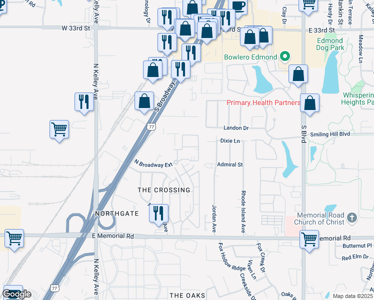 map of restaurants, bars, coffee shops, grocery stores, and more near 14144 Crossing Way East in Edmond
