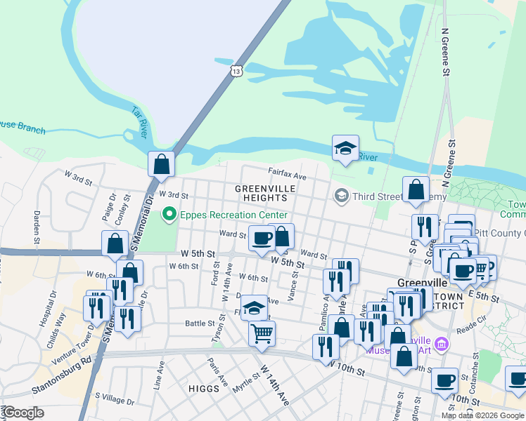 map of restaurants, bars, coffee shops, grocery stores, and more near 1100 West 4th Street in Greenville