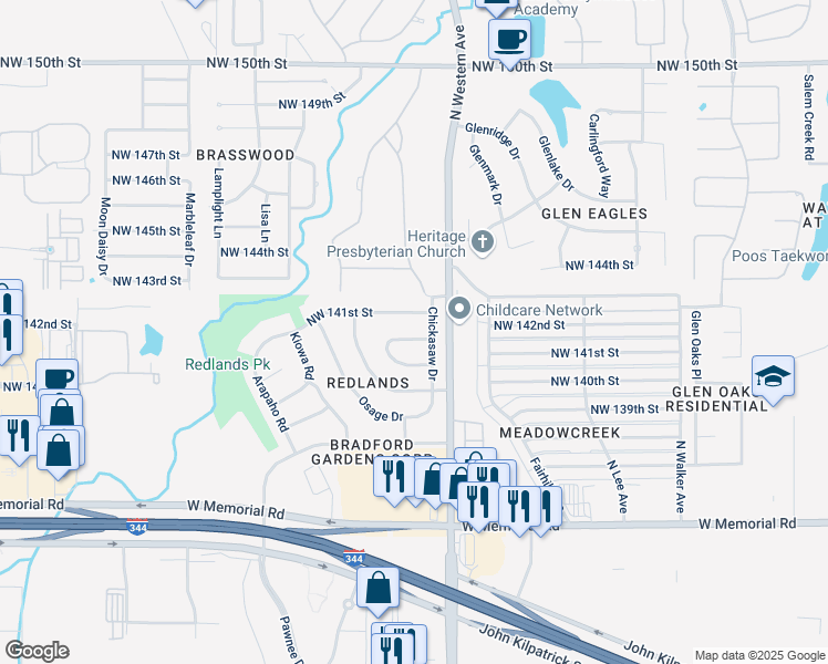 map of restaurants, bars, coffee shops, grocery stores, and more near 1109 Northwest 140th Terrace in Edmond