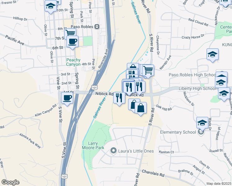 map of restaurants, bars, coffee shops, grocery stores, and more near 160 Niblick Road in Paso Robles