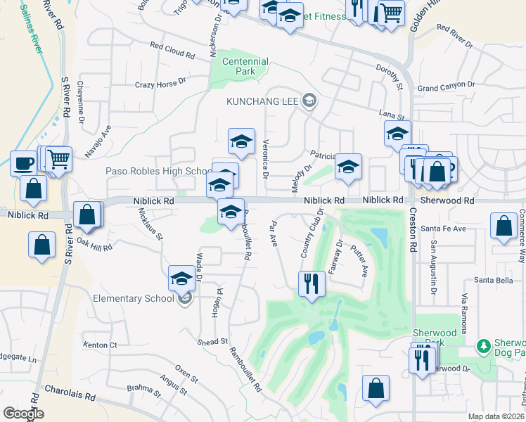 map of restaurants, bars, coffee shops, grocery stores, and more near 940 Austin Court in Paso Robles