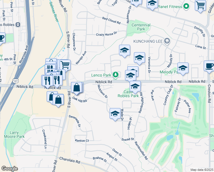 map of restaurants, bars, coffee shops, grocery stores, and more near 734 Gardenia Circle in Paso Robles