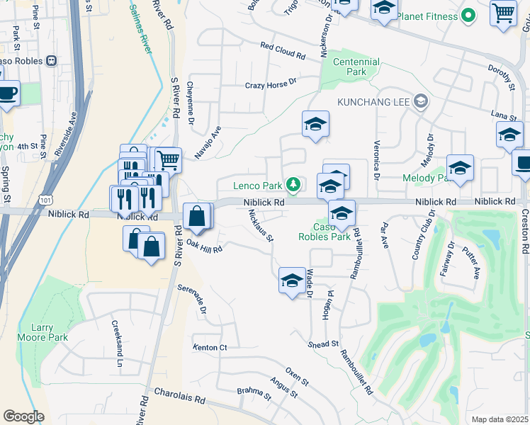 map of restaurants, bars, coffee shops, grocery stores, and more near 734 Gardenia Circle in Paso Robles