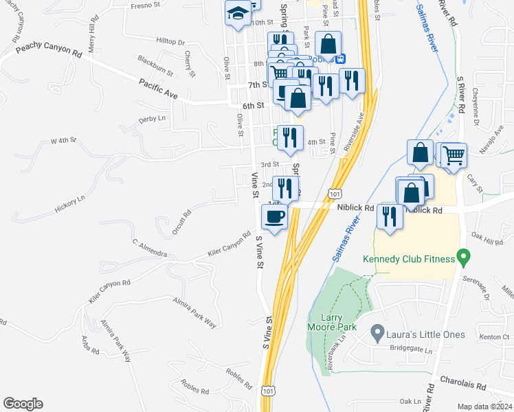 map of restaurants, bars, coffee shops, grocery stores, and more near 2 South Vine Street in Paso Robles