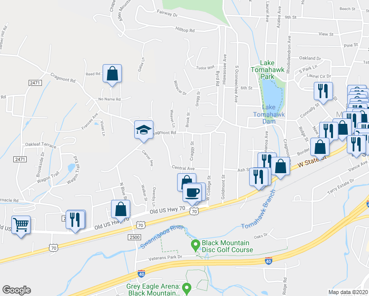 map of restaurants, bars, coffee shops, grocery stores, and more near 205 Locust Street in Black Mountain