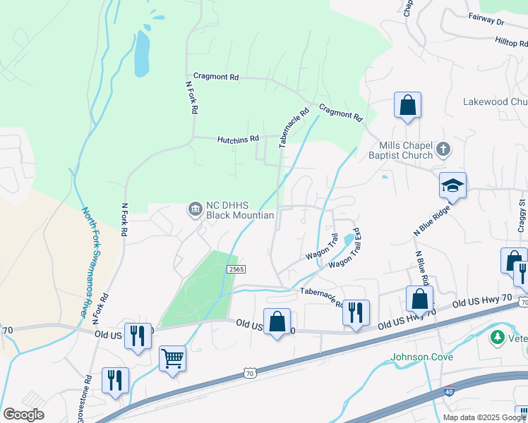 map of restaurants, bars, coffee shops, grocery stores, and more near 305 Tabernacle Road in Black Mountain