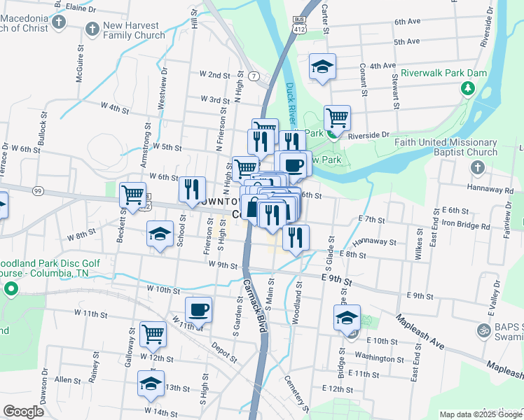 map of restaurants, bars, coffee shops, grocery stores, and more near 704 1/2 North Garden Street in Columbia