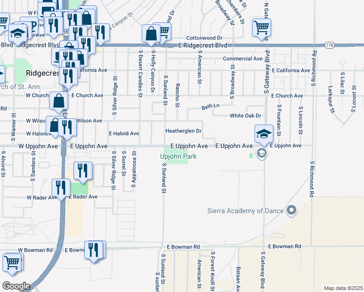 map of restaurants, bars, coffee shops, grocery stores, and more near 498 South Jolene Court in Ridgecrest
