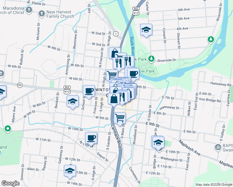 map of restaurants, bars, coffee shops, grocery stores, and more near 205 West 6th Street in Columbia
