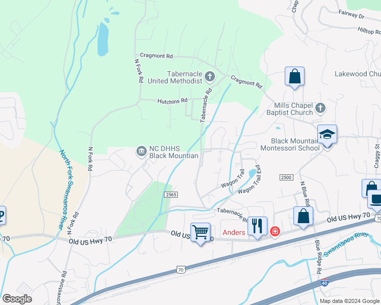 map of restaurants, bars, coffee shops, grocery stores, and more near 305 Tabernacle Road in Black Mountain