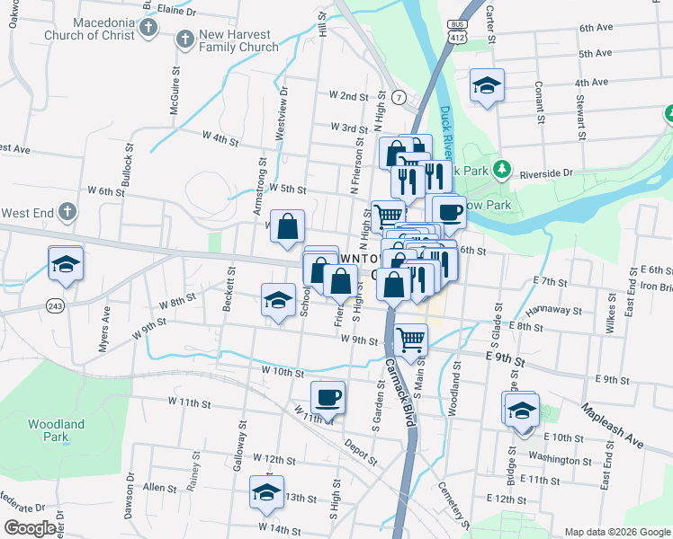 map of restaurants, bars, coffee shops, grocery stores, and more near 311 W 7th St in Columbia