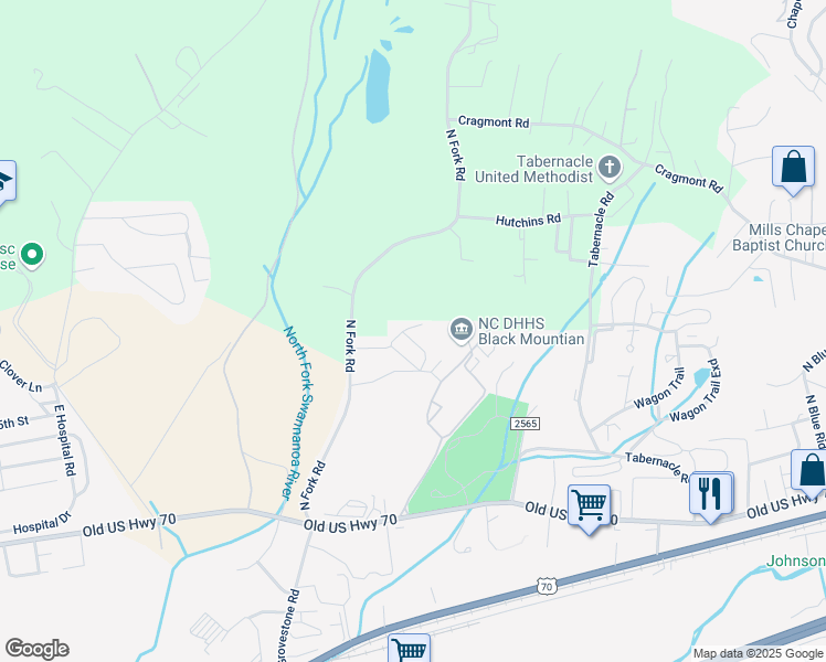 map of restaurants, bars, coffee shops, grocery stores, and more near 101 Lions Way in Black Mountain
