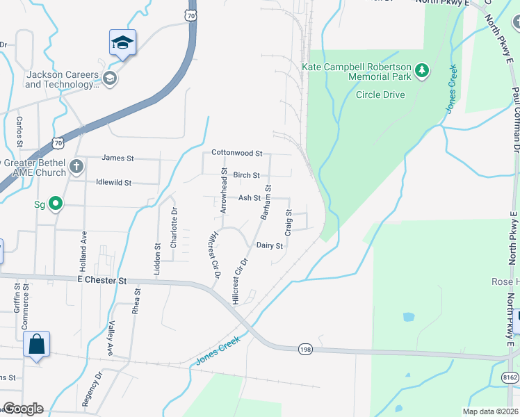 map of restaurants, bars, coffee shops, grocery stores, and more near 227 Ash Street in Jackson