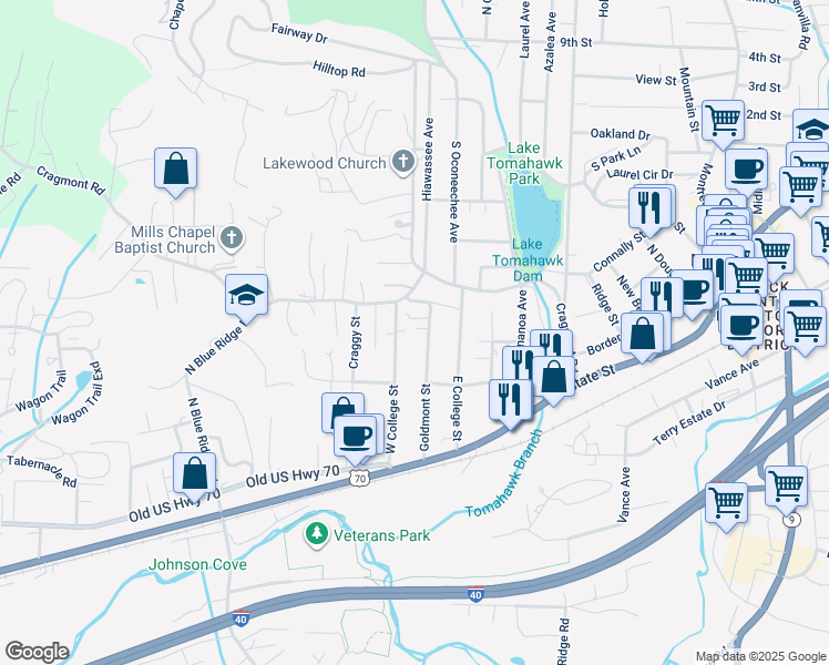 map of restaurants, bars, coffee shops, grocery stores, and more near in Black Mountain