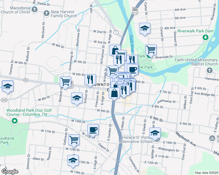 map of restaurants, bars, coffee shops, grocery stores, and more near 222 West 7th Street in Columbia