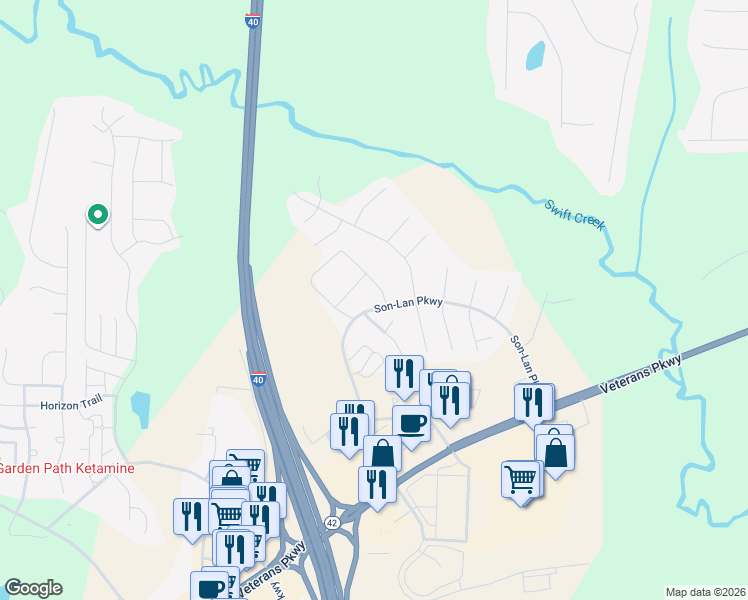 map of restaurants, bars, coffee shops, grocery stores, and more near 173 Cliffview Drive in Garner