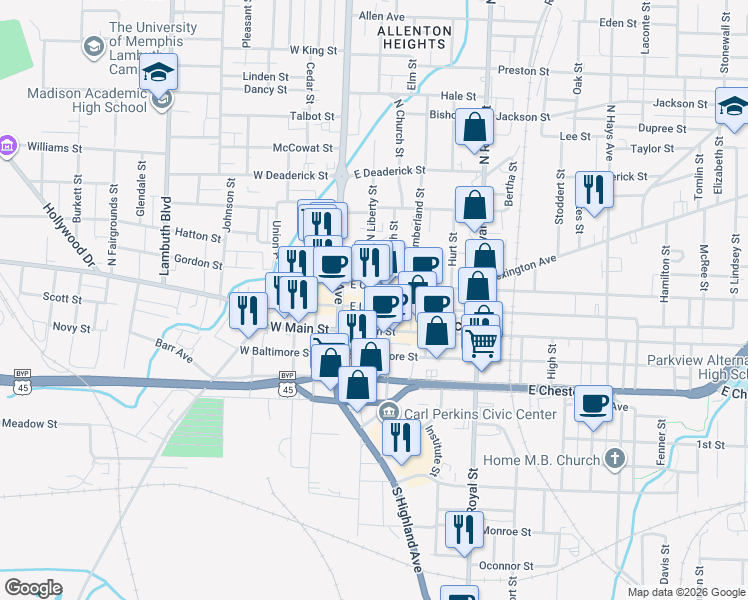 map of restaurants, bars, coffee shops, grocery stores, and more near 119 East College Street in Jackson