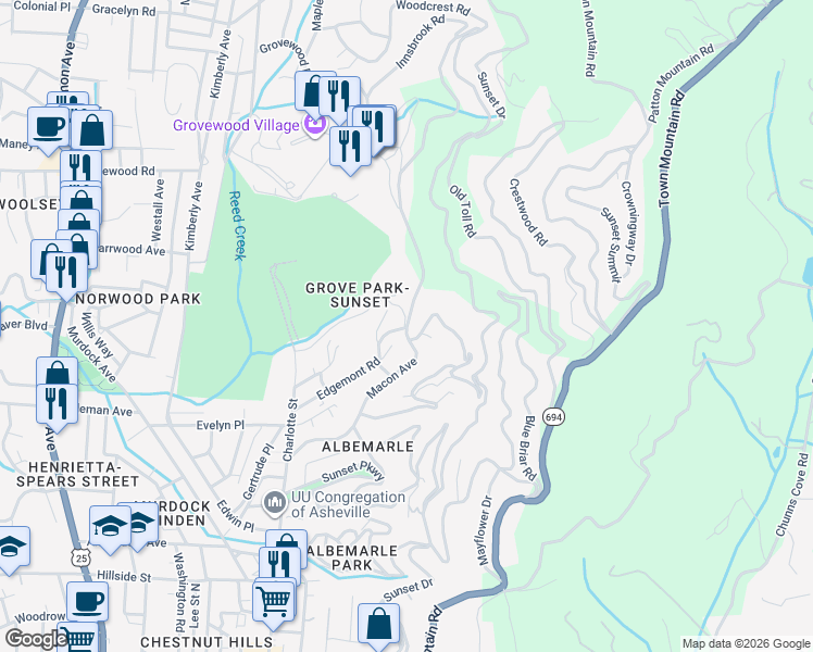 map of restaurants, bars, coffee shops, grocery stores, and more near Macon Avenue in Asheville