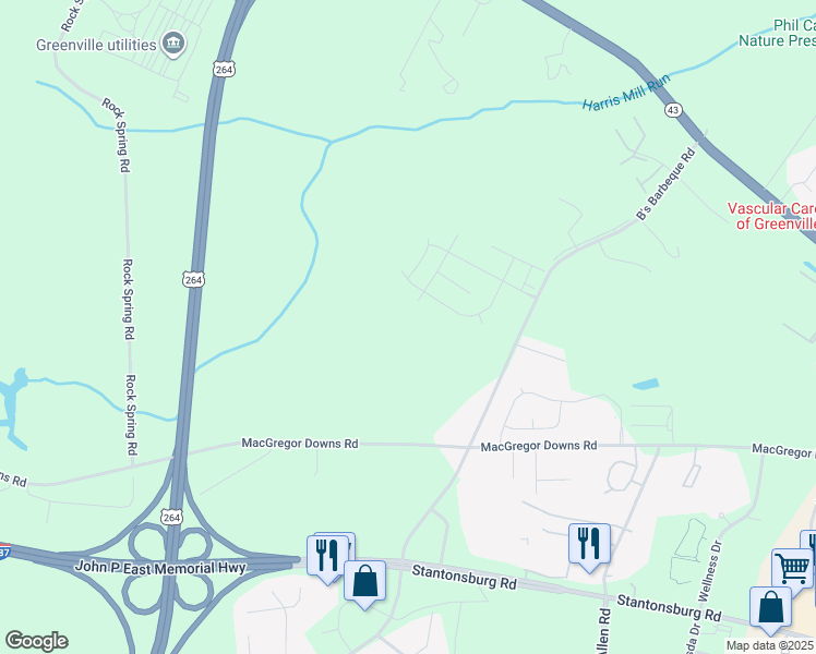 map of restaurants, bars, coffee shops, grocery stores, and more near 1360 B's Barbeque Road in Greenville