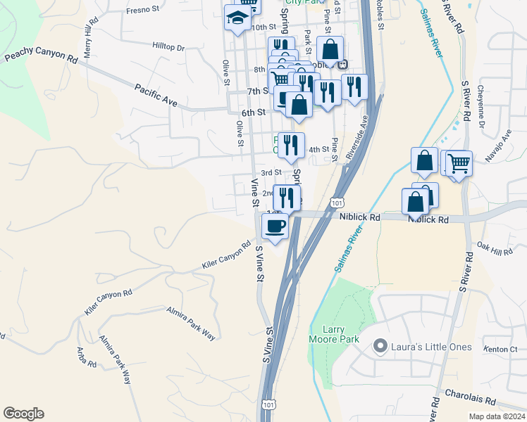 map of restaurants, bars, coffee shops, grocery stores, and more near in Paso Robles