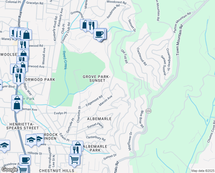 map of restaurants, bars, coffee shops, grocery stores, and more near 23 Sunset Terrace in Asheville