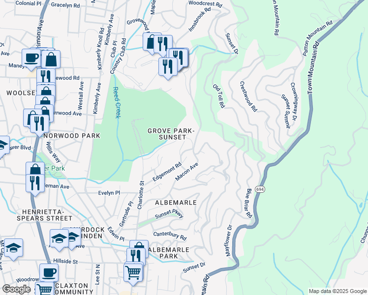 map of restaurants, bars, coffee shops, grocery stores, and more near 23 Sunset Terrace in Asheville