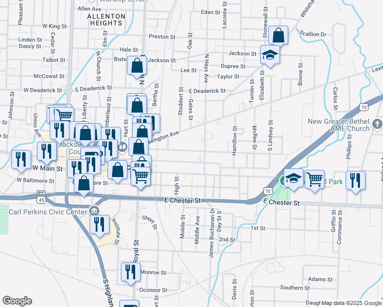 map of restaurants, bars, coffee shops, grocery stores, and more near 589 E College St in Jackson