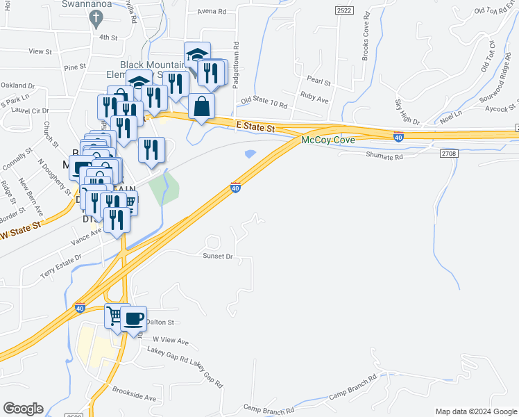 map of restaurants, bars, coffee shops, grocery stores, and more near 208 Sunset Drive in Black Mountain