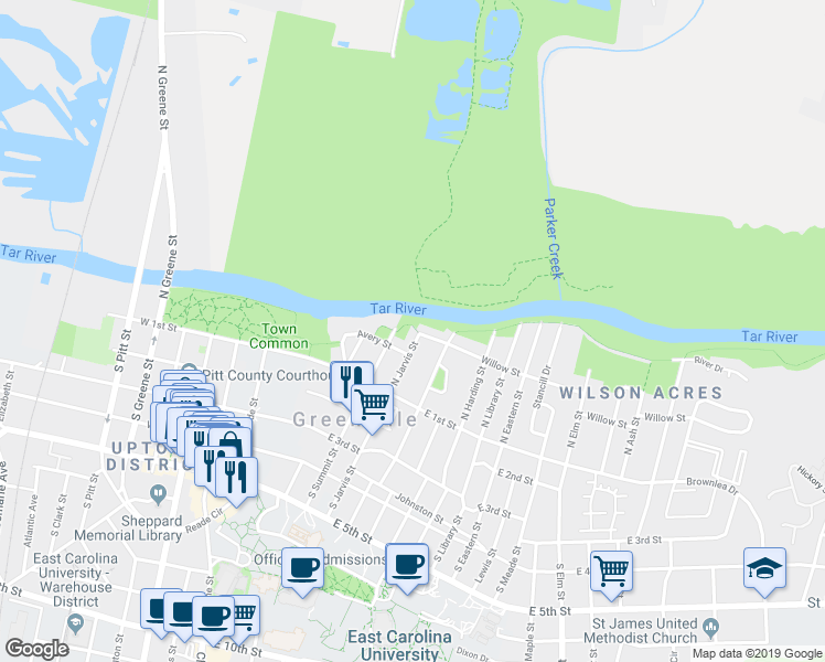 map of restaurants, bars, coffee shops, grocery stores, and more near 209 North Jarvis Street in Greenville