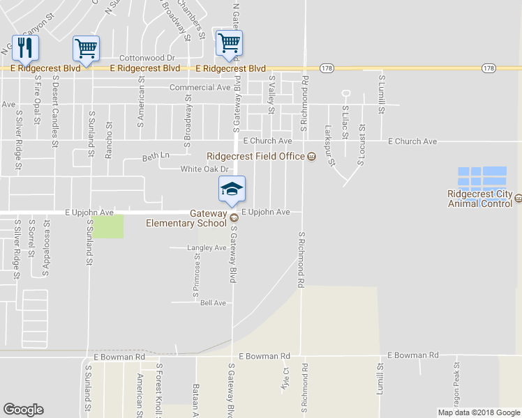 map of restaurants, bars, coffee shops, grocery stores, and more near 436 South Fountain Street in Ridgecrest