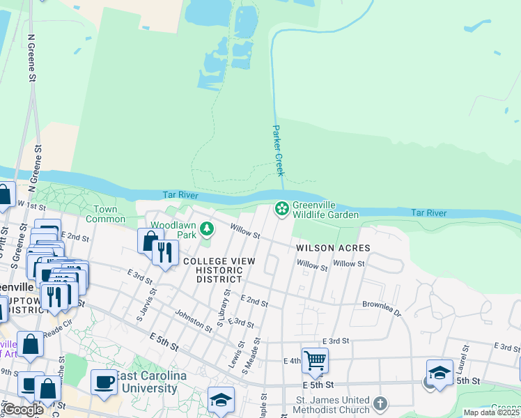map of restaurants, bars, coffee shops, grocery stores, and more near 212 North Library Street in Greenville