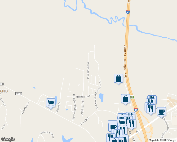 map of restaurants, bars, coffee shops, grocery stores, and more near 294 Marsh Creek Drive in Garner