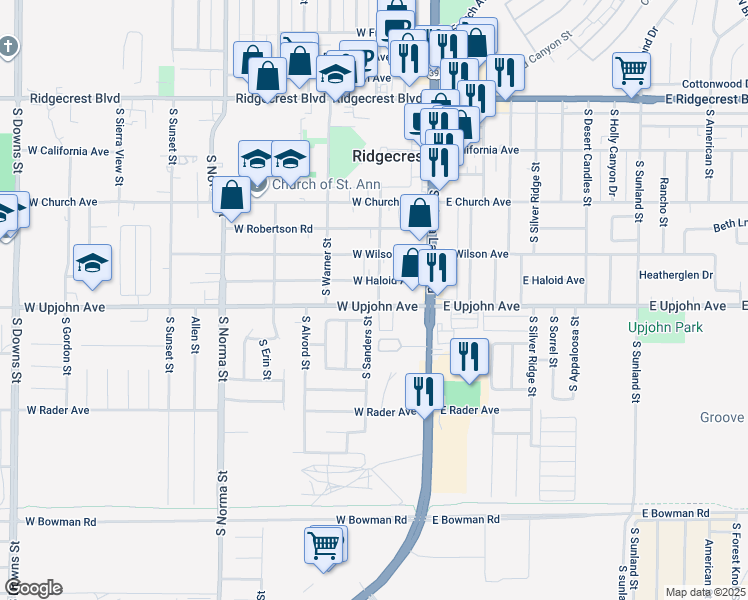 map of restaurants, bars, coffee shops, grocery stores, and more near 200 West Upjohn Avenue in Ridgecrest