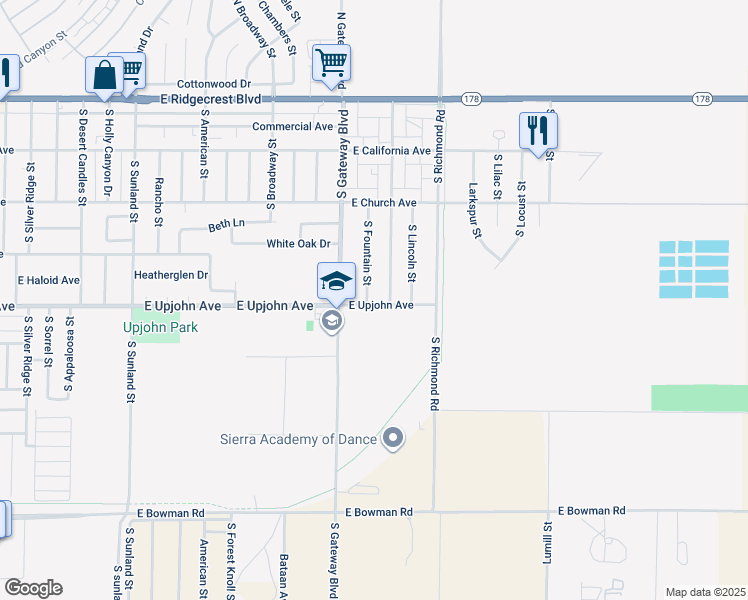 map of restaurants, bars, coffee shops, grocery stores, and more near 436 South Fountain Street in Ridgecrest