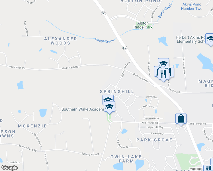 map of restaurants, bars, coffee shops, grocery stores, and more near 342 Stobhill Lane in Holly Springs