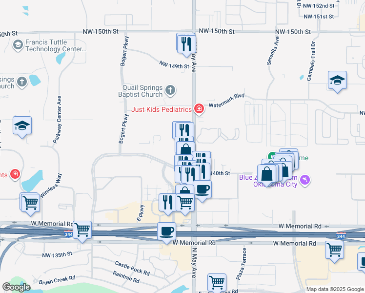 map of restaurants, bars, coffee shops, grocery stores, and more near 14201 North May Avenue in Oklahoma City